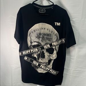Philipp Plein Black Graphic Skull Tee with White Print